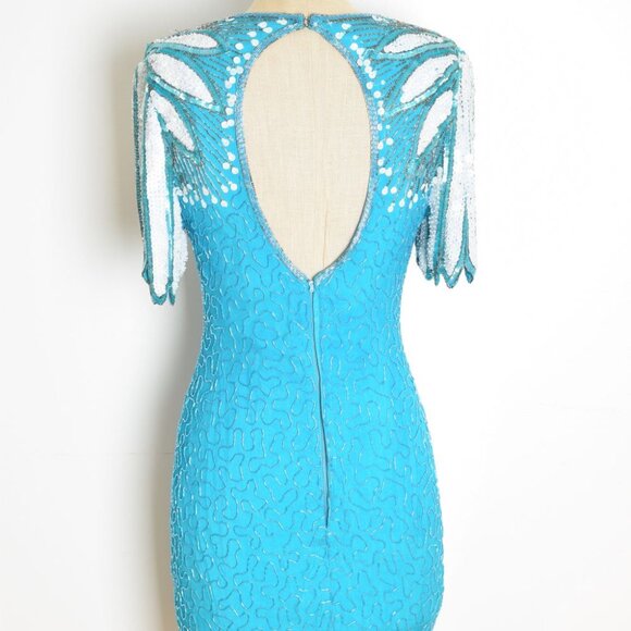 vintage 80s dress sequin beaded blue silk flapper feathers party cocktail prom M - Picture 9 of 11